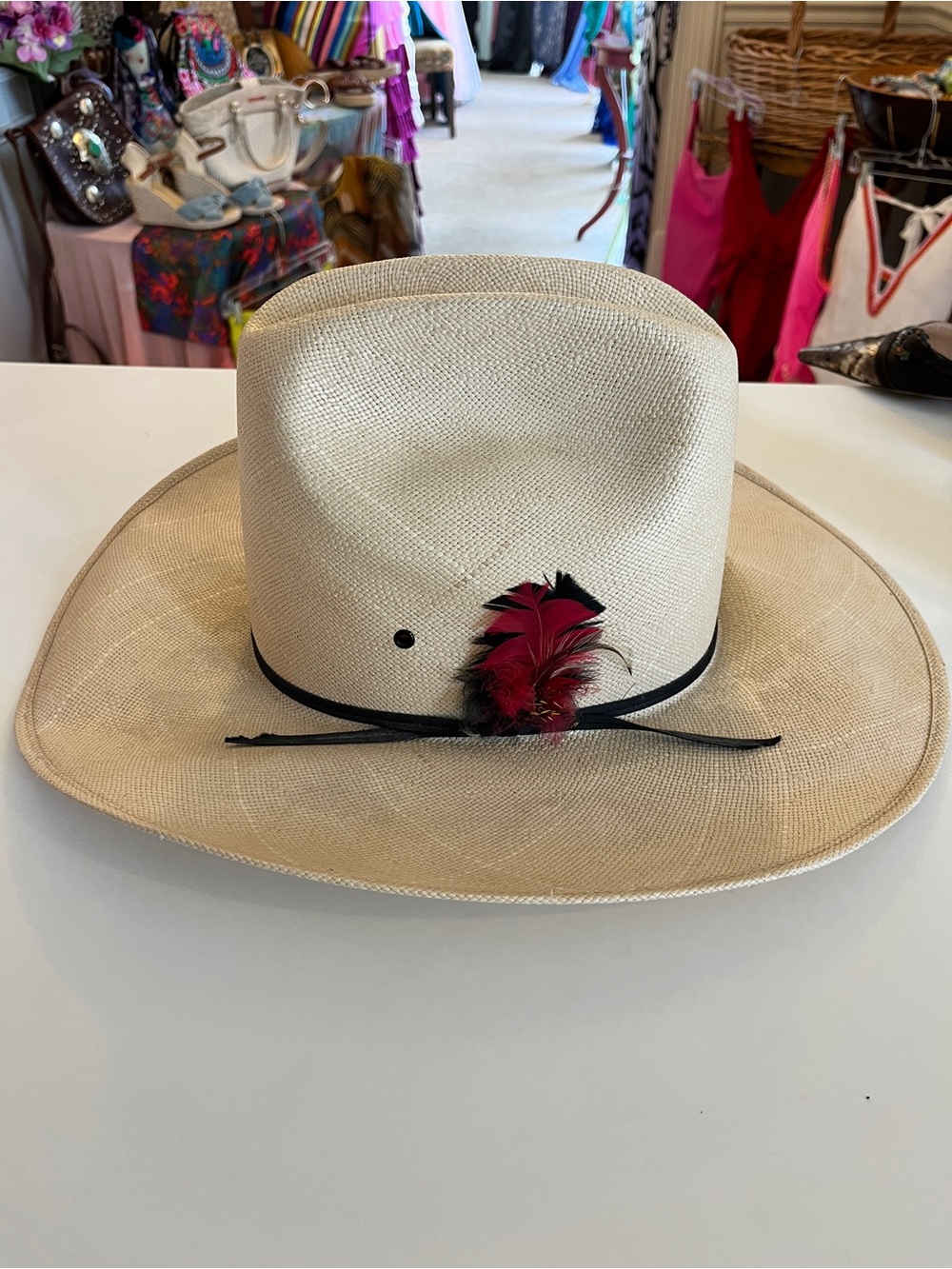 Bailey U-Rollie Natural Straw Cowboy Hat with Black Band and Red Feather Accent